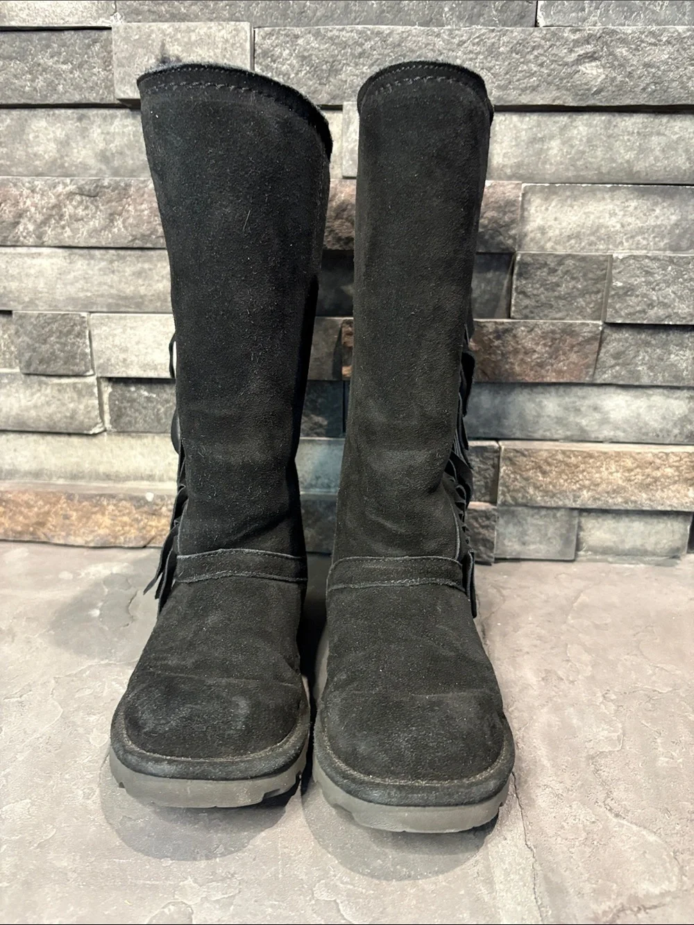 Bearpaw Black Suede Boots with Fringe